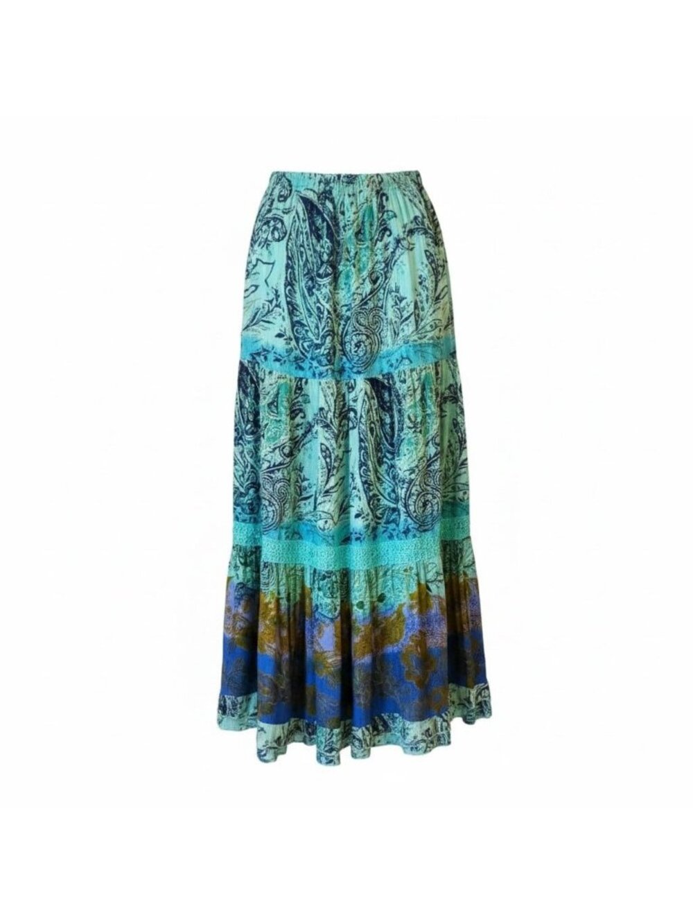 Boho Maxi Skirt Teal & Blue Size M Paisley & Floral Tiered Design Jeweled Accent - Picture 1 of 10